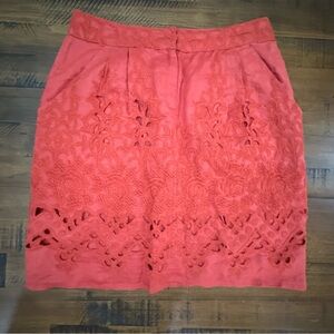 Anthropologie Baraschi Red Embroidered Eyelet Linen Short Skirt SZ 0 Pockets